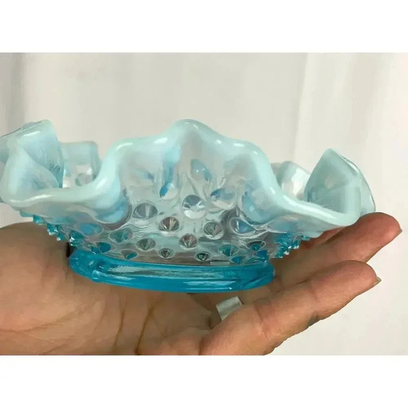 VTG Fenton Ruffled Blue Hobnail Glass Candy Dish Crimped Edges Home Decor - Picture 2 of 16